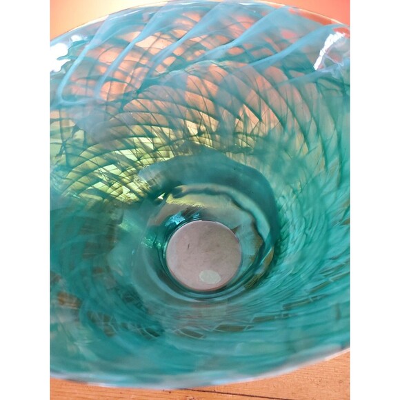 Murano Aquamarine Swirl Ocean Glass Vase Green Vintage Rare Labeled Italy Bowl - Picture 6 of 11